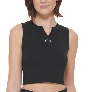CALVIN KLEIN PERFORMANCE Women's Logo-Print Split-Neck Cropped Tank CK crop gym